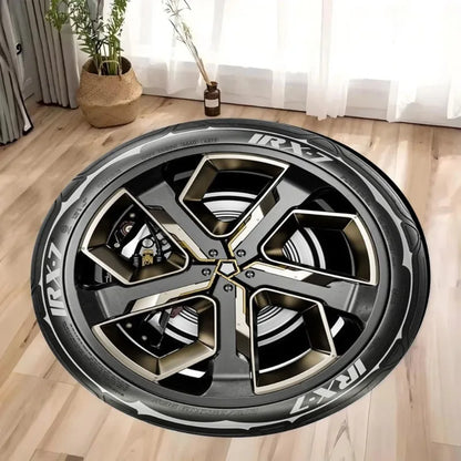 Sporty wheel rim design accent rug