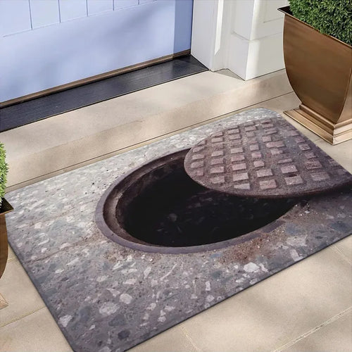 3D Illusion Manhole Cover Sewer Ladder Non-Slip Door Mat Realistic Rug Indoor Outdoor Entryway Home Decor