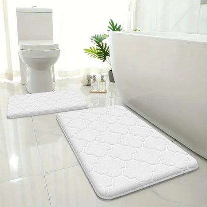 2pcs Embossed Flannel Bathroom Floor Mats Absorbent Non-Slip Shower Entrance Carpet Set