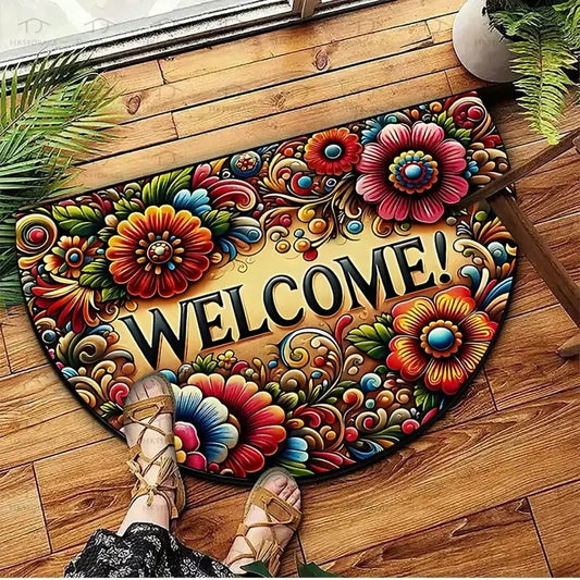 Boho half-round crystal velvet non-slip entryway floor mat
