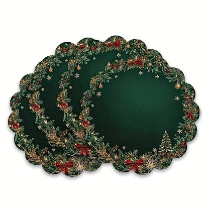 VIKAMA 4-Piece Set Round Christmas Placemats Table Mats Emerald Gold Pattern Festive Placemats Christmas Decor