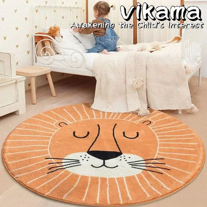 VIKAMA Cartoon Animal Round Cashmere Rug Non-Slip Washable Bedroom Living Room Sofa Mat