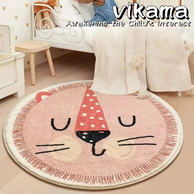 VIKAMA Cartoon Animal Round Cashmere Rug Non-Slip Washable Bedroom Living Room Sofa Mat