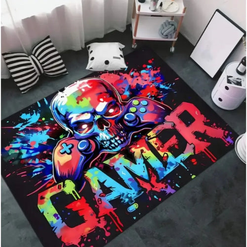 Gaming Player Flannel Floor Mat Halloween Controller Pattern Non-Slip Carpet Game Room Atmosphere Rug Home Decor
