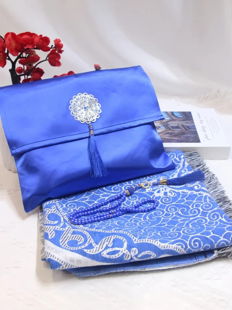 Muslim prayer rug set with beads and bag