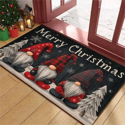 Christmas Gnome Plaid Rug “Merry Christmas” Red Black Checkered Non-Slip Carpet Snowflake Pine Entryway Floor Mat Home Decor