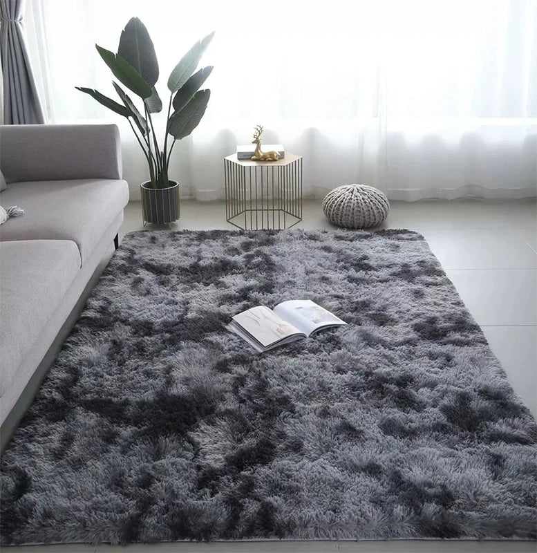 Black fluffy shaggy plush area rug