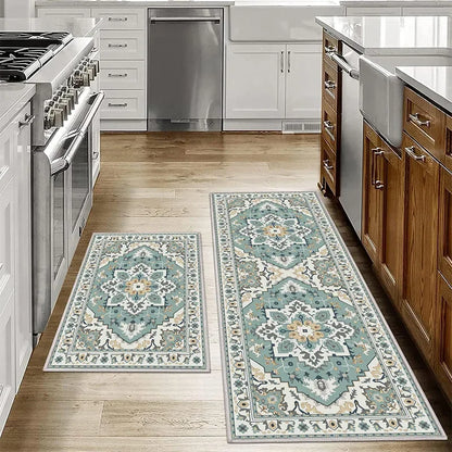 VIKAMA Bohemian Anti-Slip Washable Kitchen & Bathroom Floor Mat Set