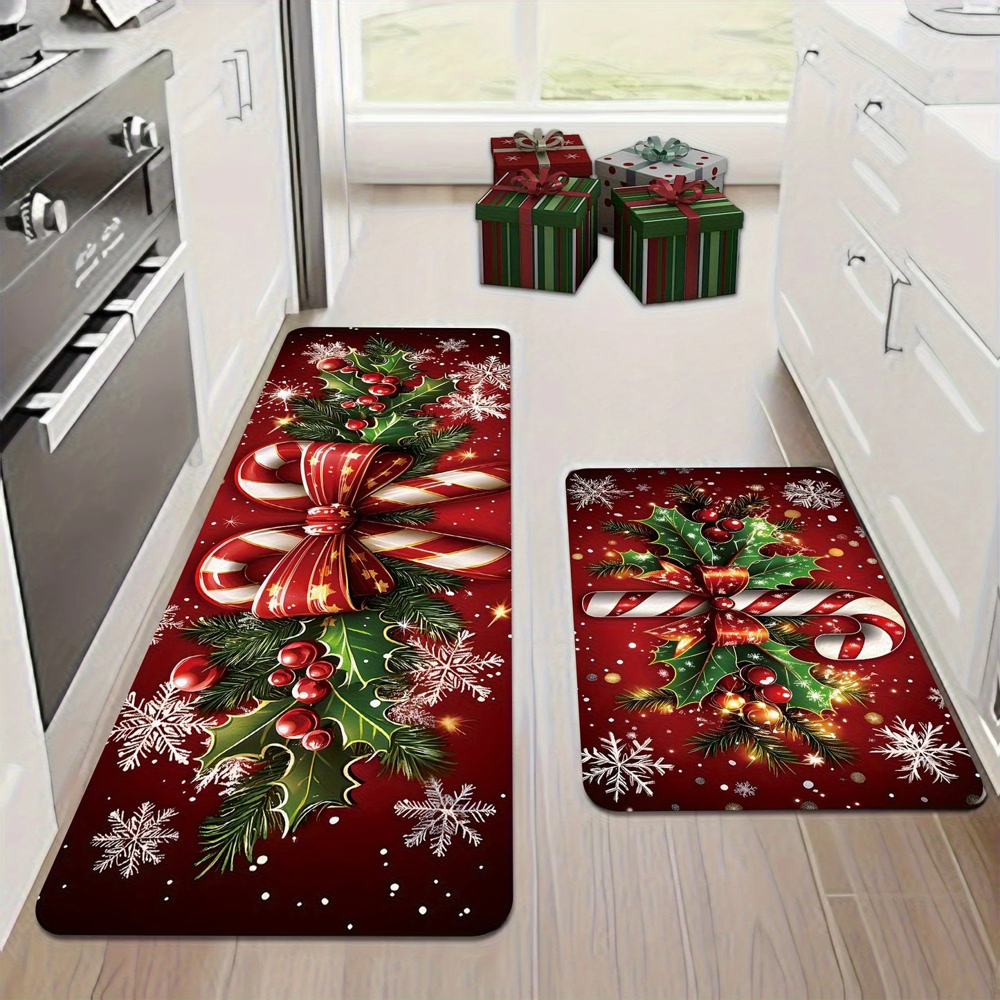 Merry Christmas candy cane snowflake kitchen mat festive holiday decor rug