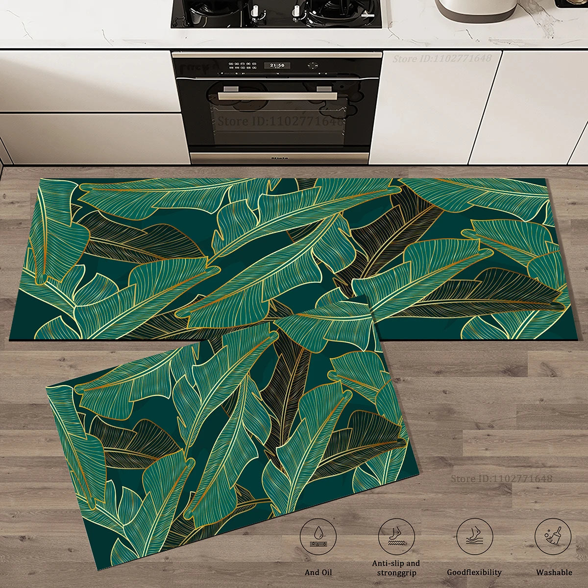 Green Leaves Kitchen Mat Absorbent Non-Slip Washable Rug Bathroom Entrance Doormat Large Carpet Home Decor