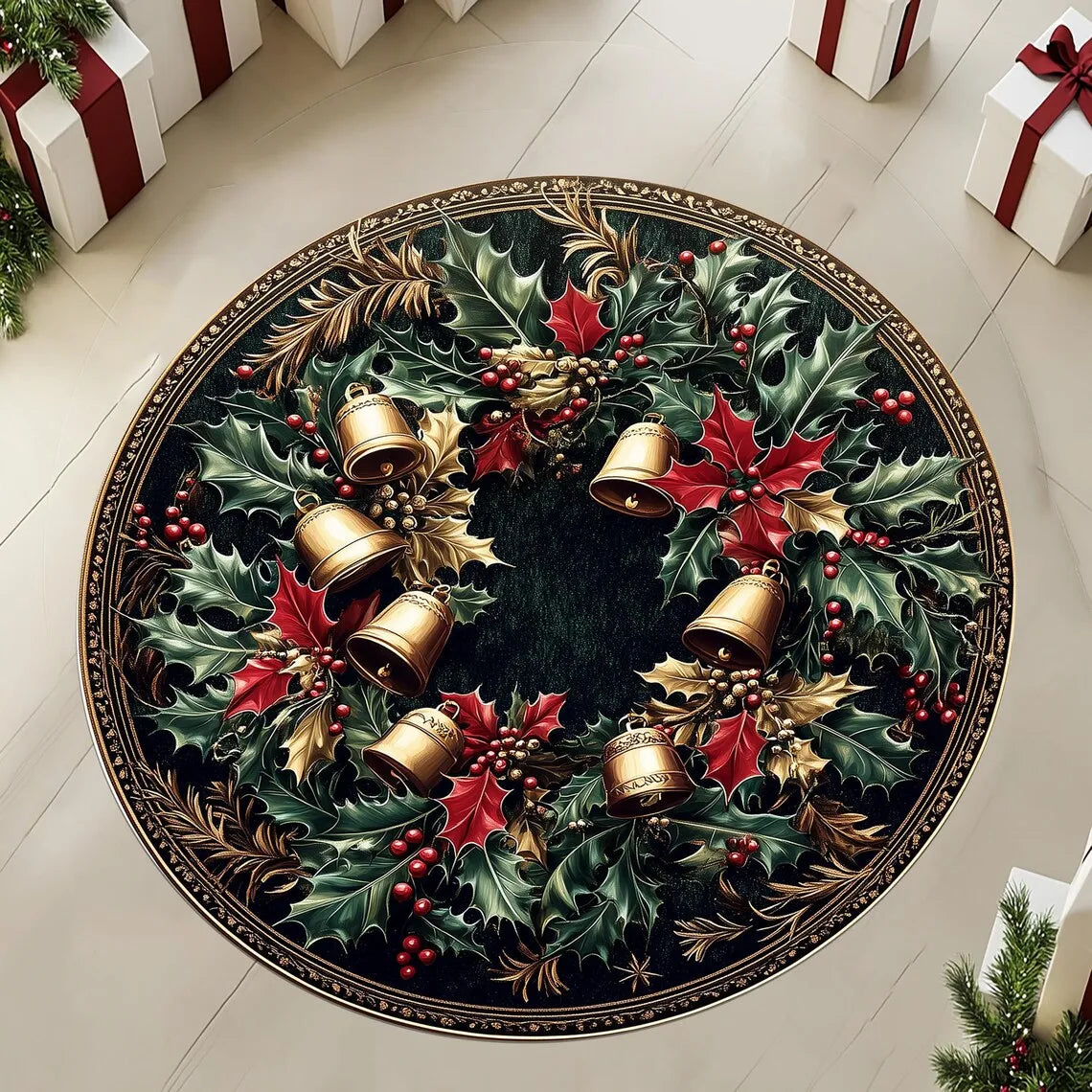 VIKAMA Festive Snowflake Christmas Tree Round Rug