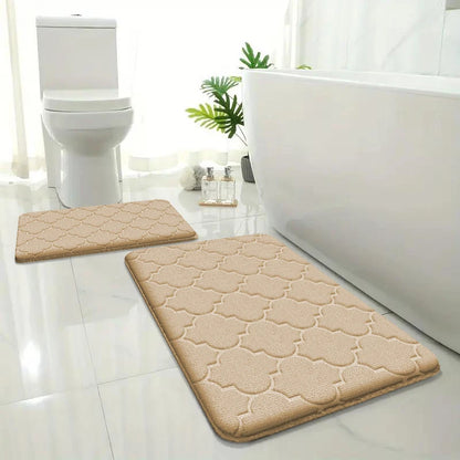 2pcs Embossed Flannel Bathroom Floor Mats Absorbent Non-Slip Shower Entrance Carpet Set