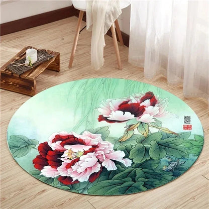 VIKAMA Lotus Peony Round Non-Slip Area Rug