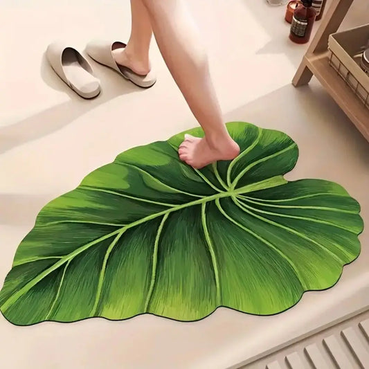 VIKAMA Bath Mat Non-Slip Quick-Dry Absorbent Green Shower Rug Washable Thin Leaf Design