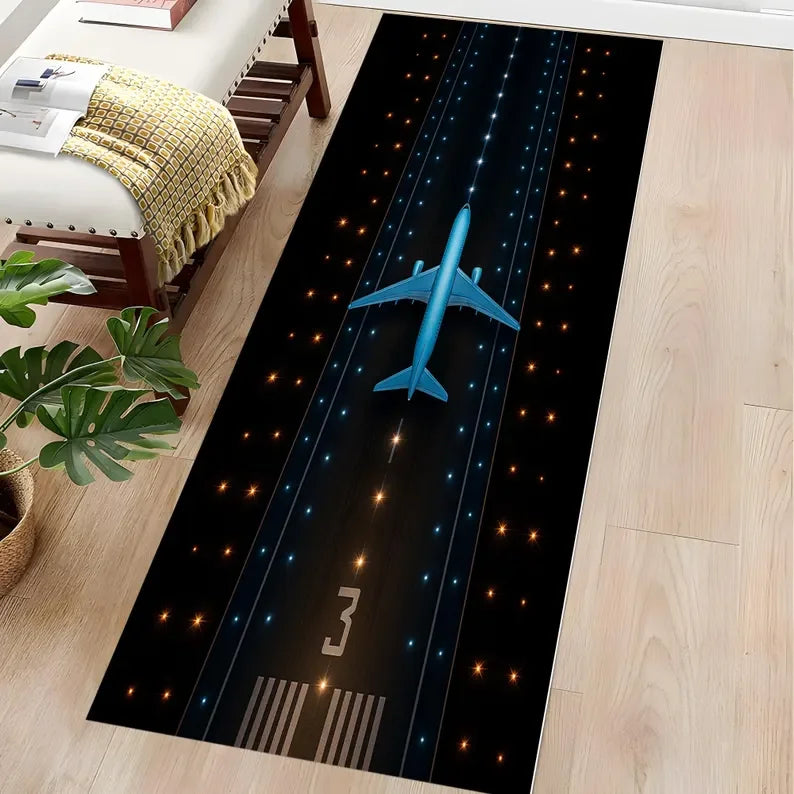 Neon Runway Airplane Kids Play Area Rug