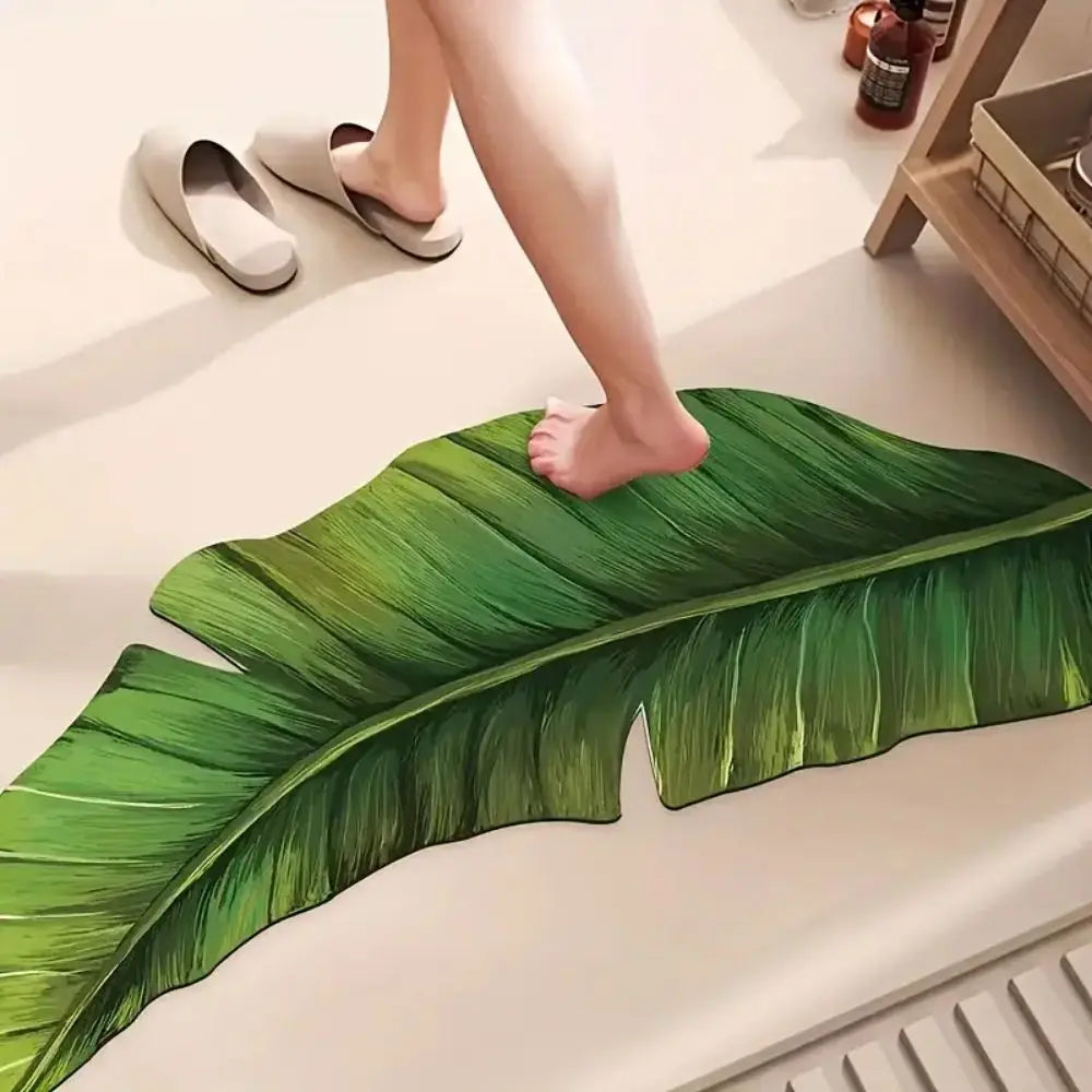 VIKAMA Bath Mat Non-Slip Quick-Dry Absorbent Green Shower Rug Washable Thin Leaf Design