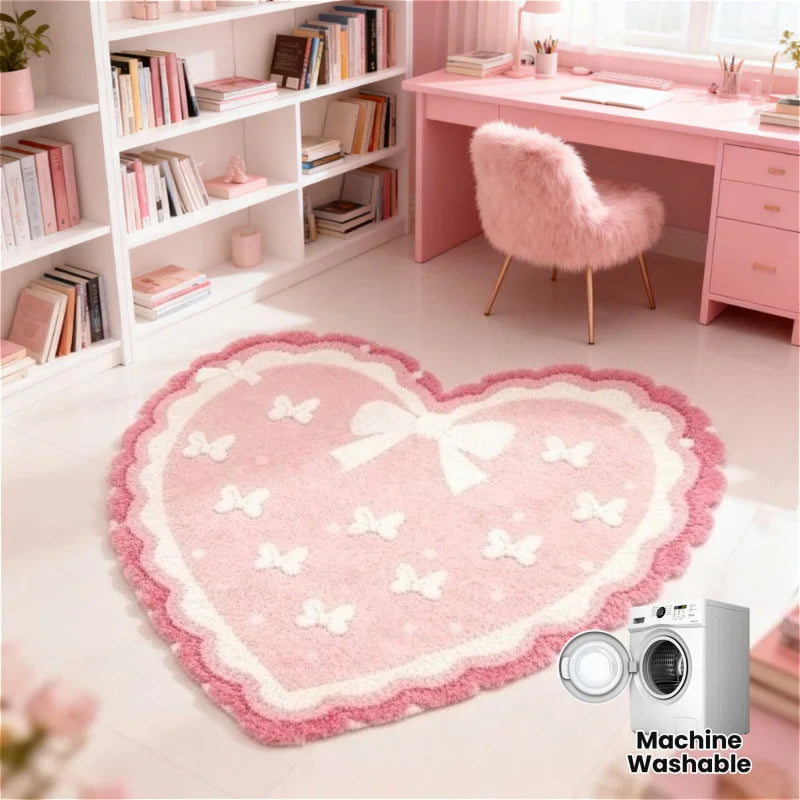 VIKAMA Bow Tie Heart Plush Rug Pink Fluffy Bedroom Bedside Valentine Decor