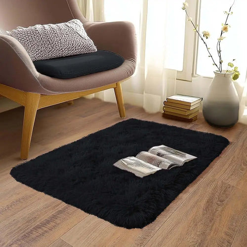 VIKAMA Small Black Plush Area Rug Soft Kids Bedroom Bedside Entrance Mat