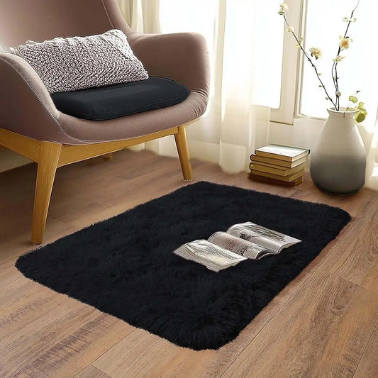 VIKAMA Small Black Plush Area Rug Soft Kids Bedroom Bedside Entrance Mat