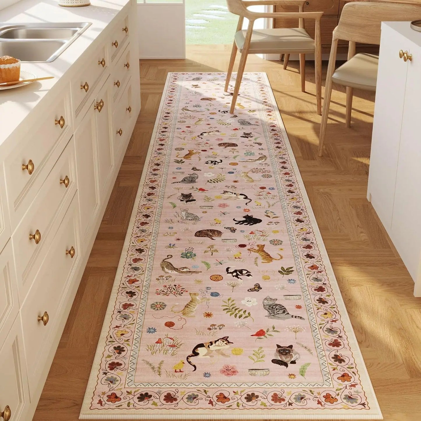 Vintage Cat Floral Runner Rug