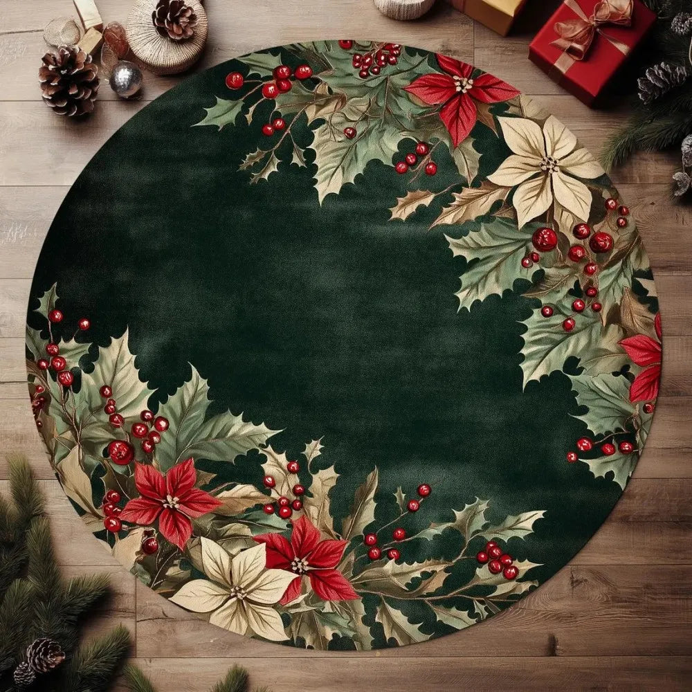 VIKAMA Christmas Poinsettia Round Non-Slip Area Rug