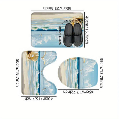Washable 3-Piece Bathroom Rug Set Non-Slip Ocean Theme Flannel Shell Print Toilet Mat Bathtub Foot Pad Door Rug Home Decor