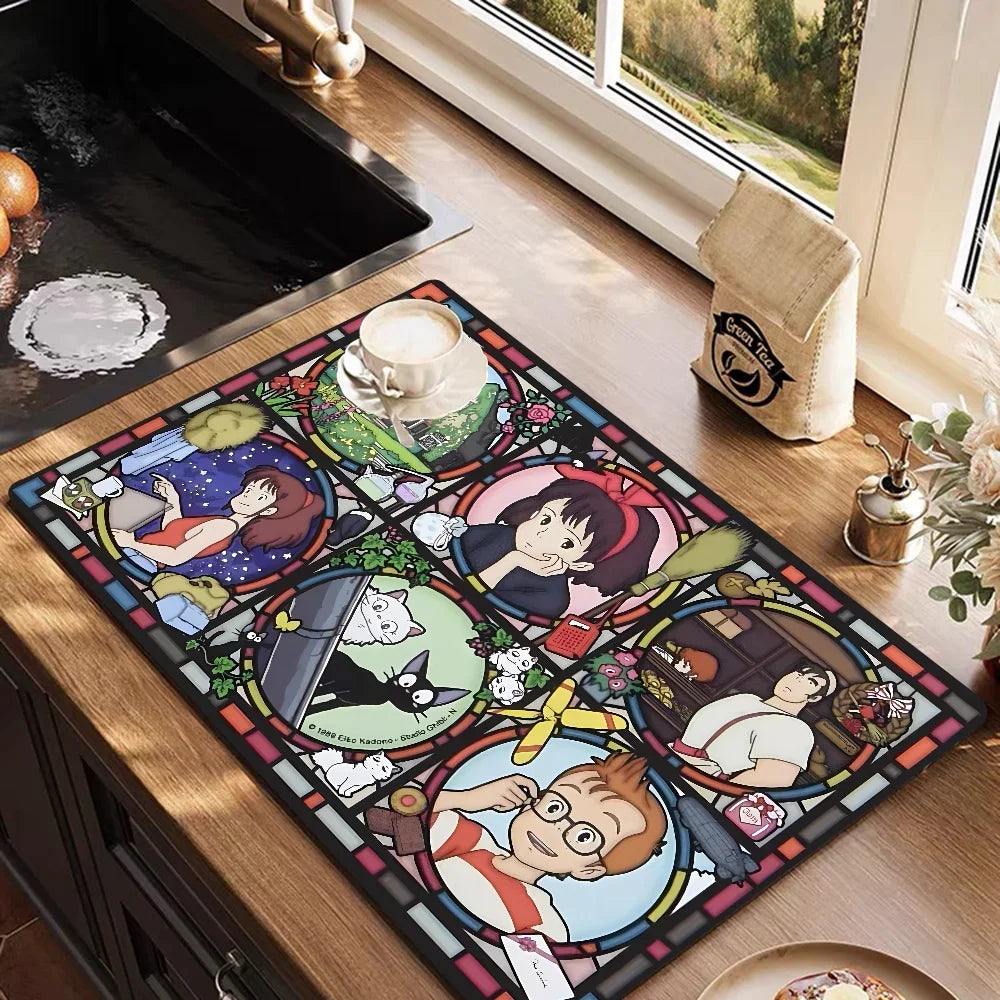 VIKAMA Anime Diatomite Dish Drying Mat Quick-Dry Non-Slip Kitchen Coffee Machine Drain Rug Home Decor