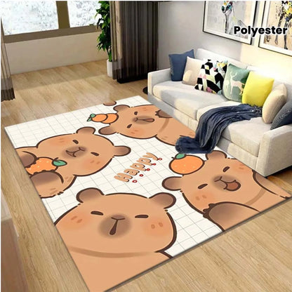 Cute Capybara Cartoon Rug Playful Animal Design Non-Slip Carpet Kids Room Living Room Home Decor
