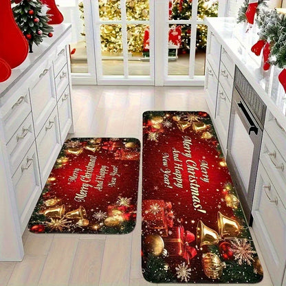 VIKAMA 1/2pcs Christmas Atmosphere Floor Mat Non-slip, Stain-resistant Bathroom Mat Kitchen Rug for Holiday Home Decor