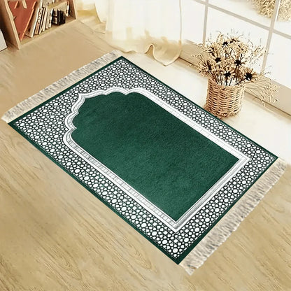 VIKAMA Dark Green Patterned Prayer Mat Soft Fringed Portable Non-Slip Indoor Outdoor Prayer Rug