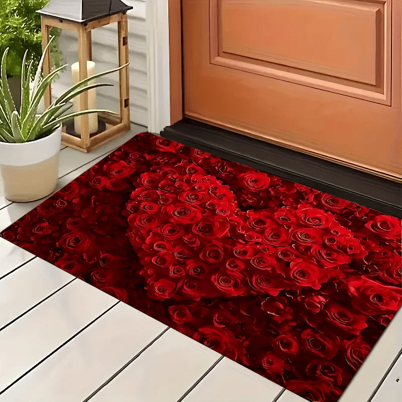 VIKAMA Vibrant Rose Carpet Heart Love Valentine Rug Non-Slip Doormat Welcome Mat Bedroom Living Room Carpet Home Decor
