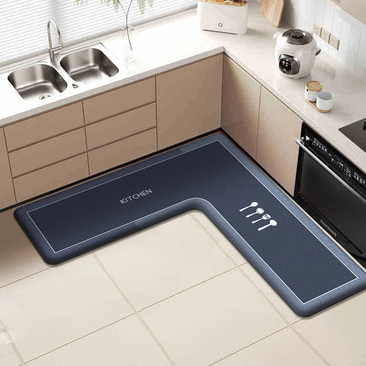 Printed L-Shaped Absorbent Non-Slip Kitchen Mat