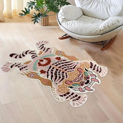Fluffy tiger-print irregular shape area rug non-slip washable living room carpet
