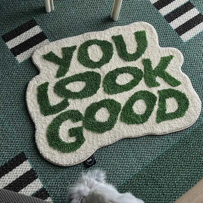 Fluffy Tufted Letter Rug “You Look Good” Non-Slip Korean Irregular Bedroom Lounge Mat