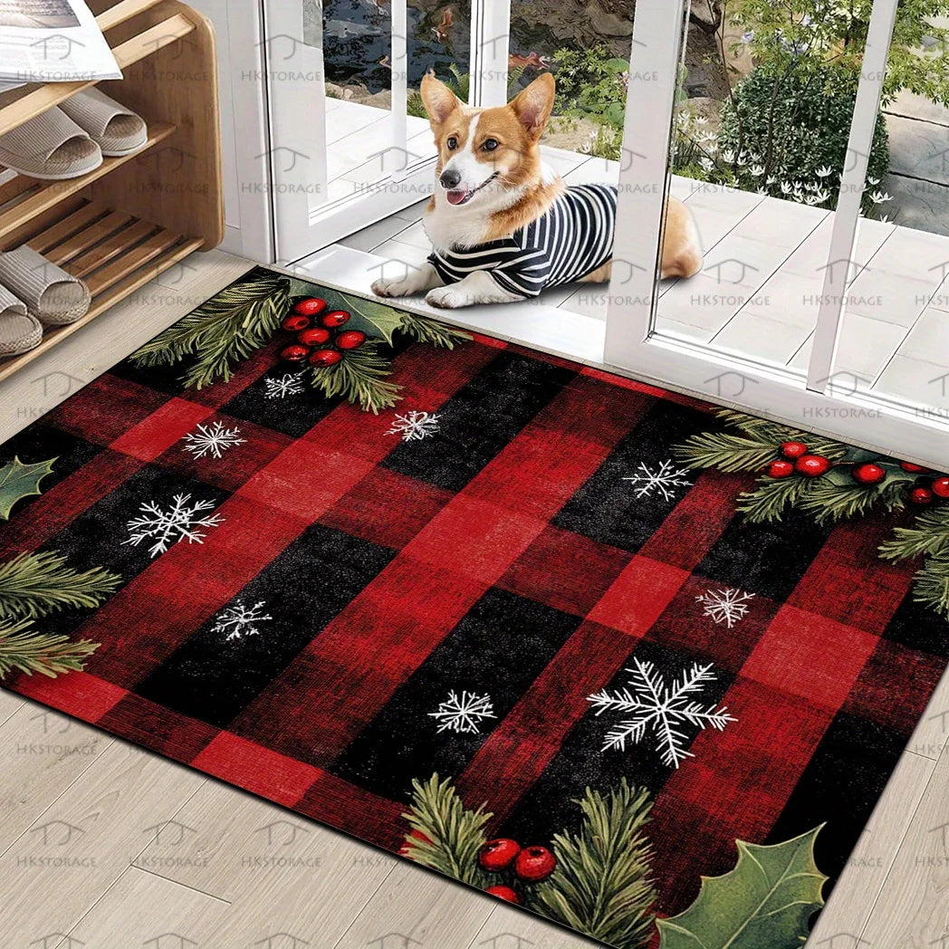 Christmas Welcome Mat Red Green Wreath Holly Floor Rug Holiday Decor Door Mat