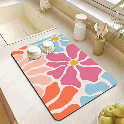 Abstract floral absorbent kitchen drying mat