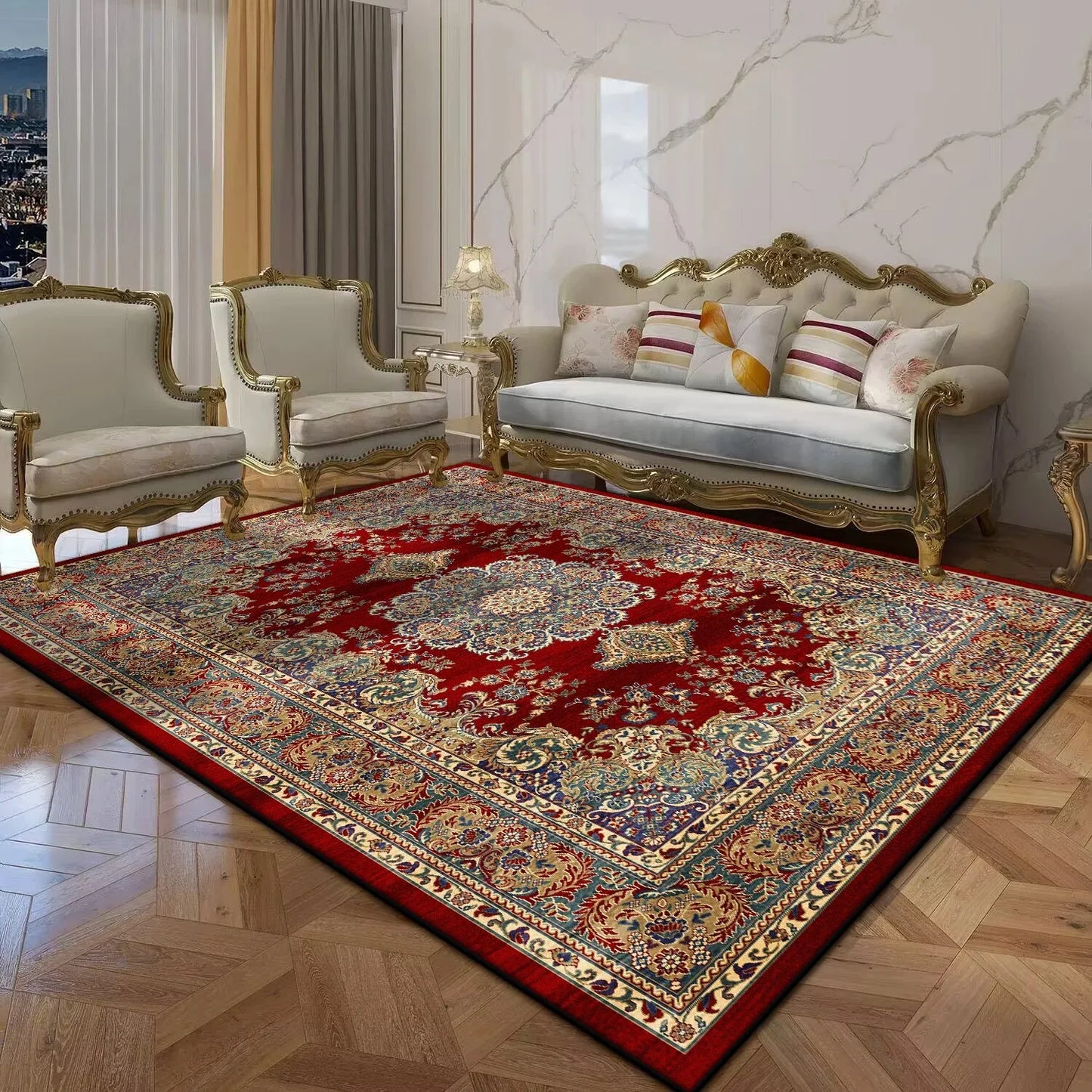 Persian Luxury Red Carpet Large Non-Slip Living Room Bedroom Rug Washable Aisle Floor Mat Home Decor