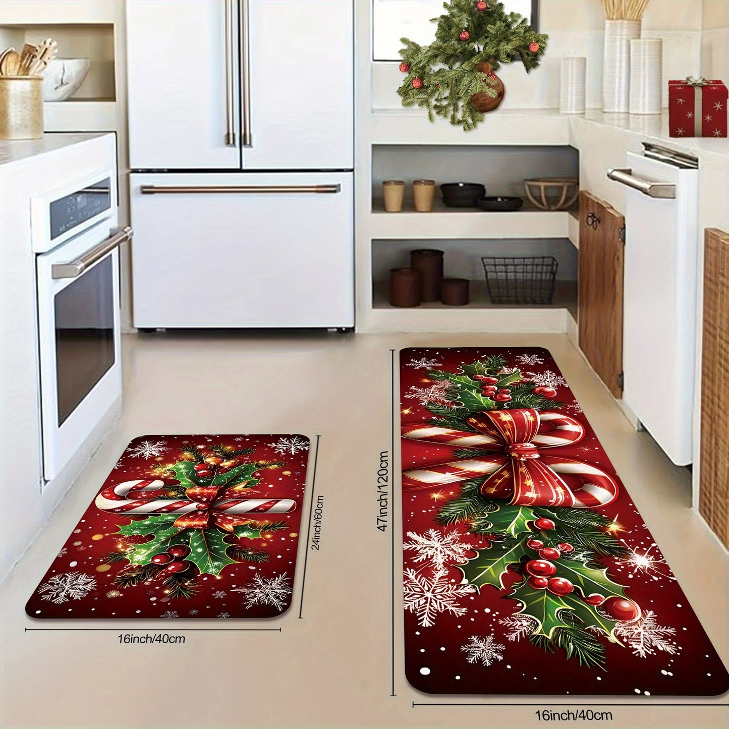 Merry Christmas candy cane snowflake kitchen mat festive holiday decor rug