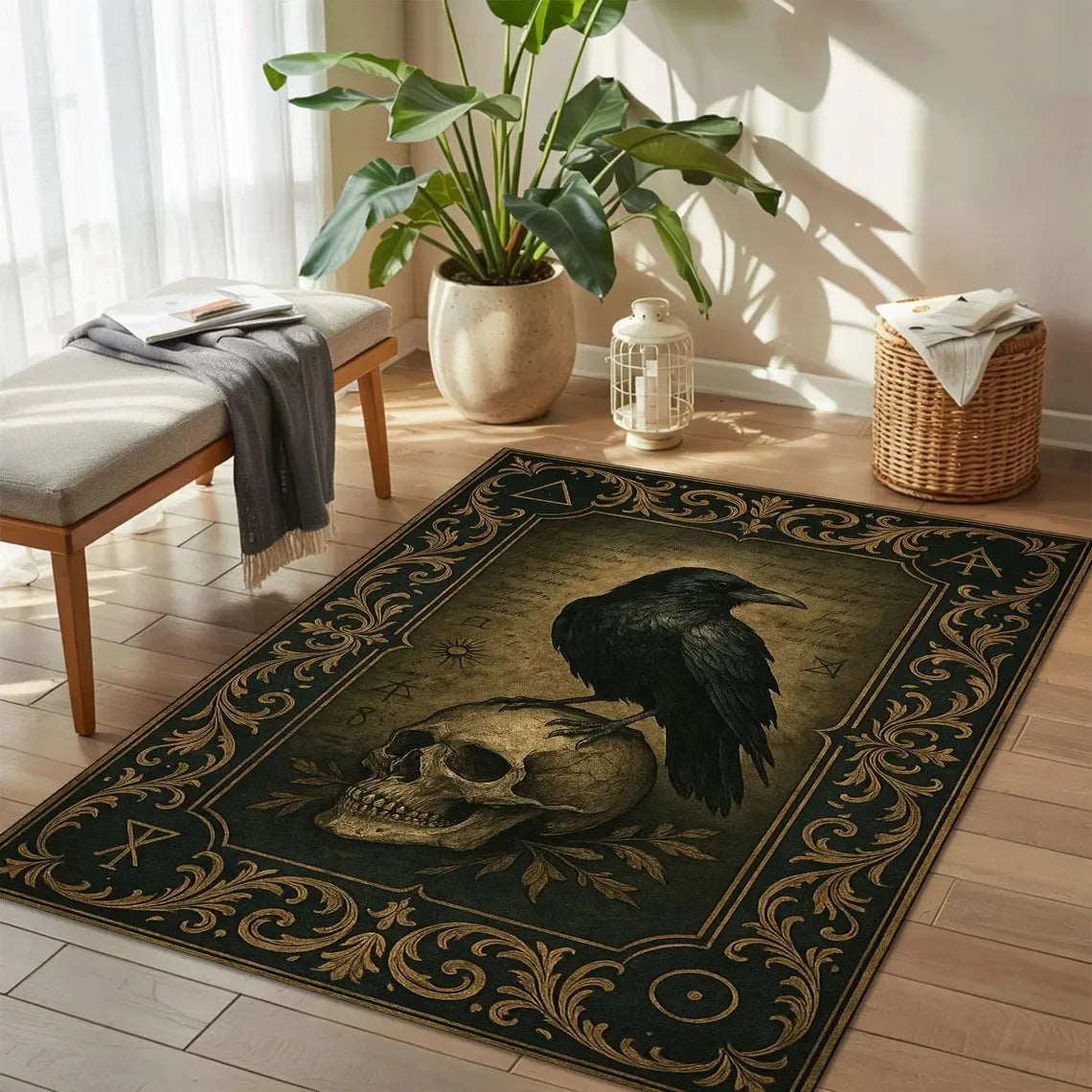 Gothic Raven Skull Area Rug