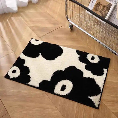 VIKAMA Black White Plush Entry Mat Non-Slip Wear-Resistant Bathroom Door Carpet