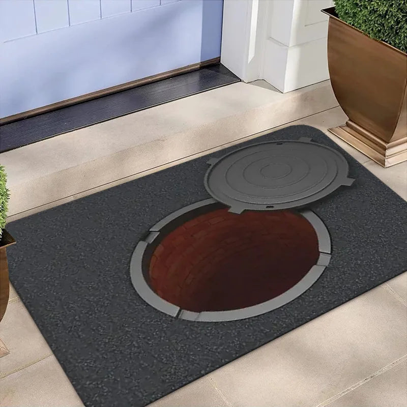 3D Illusion Manhole Cover Sewer Ladder Non-Slip Door Mat Realistic Rug Indoor Outdoor Entryway Home Decor