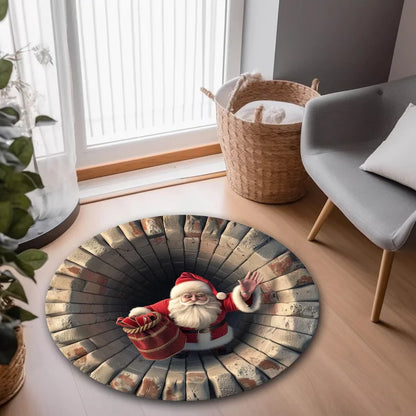 Christmas Santa 3D Round Rug Illusion Printed Carpet Xmas Tree Living Room Holiday Decoration Rug