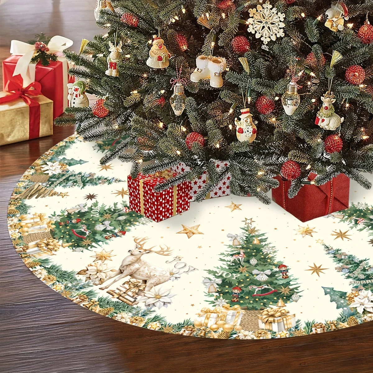 VIKAMA Christmas Tree Skirt Reindeer Holiday Rug