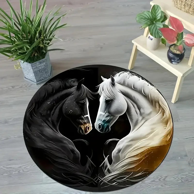 Horse Print Round Area Rug Non-Slip Machine Washable Carpet Bedroom Living Room Laundry Room Home Decor