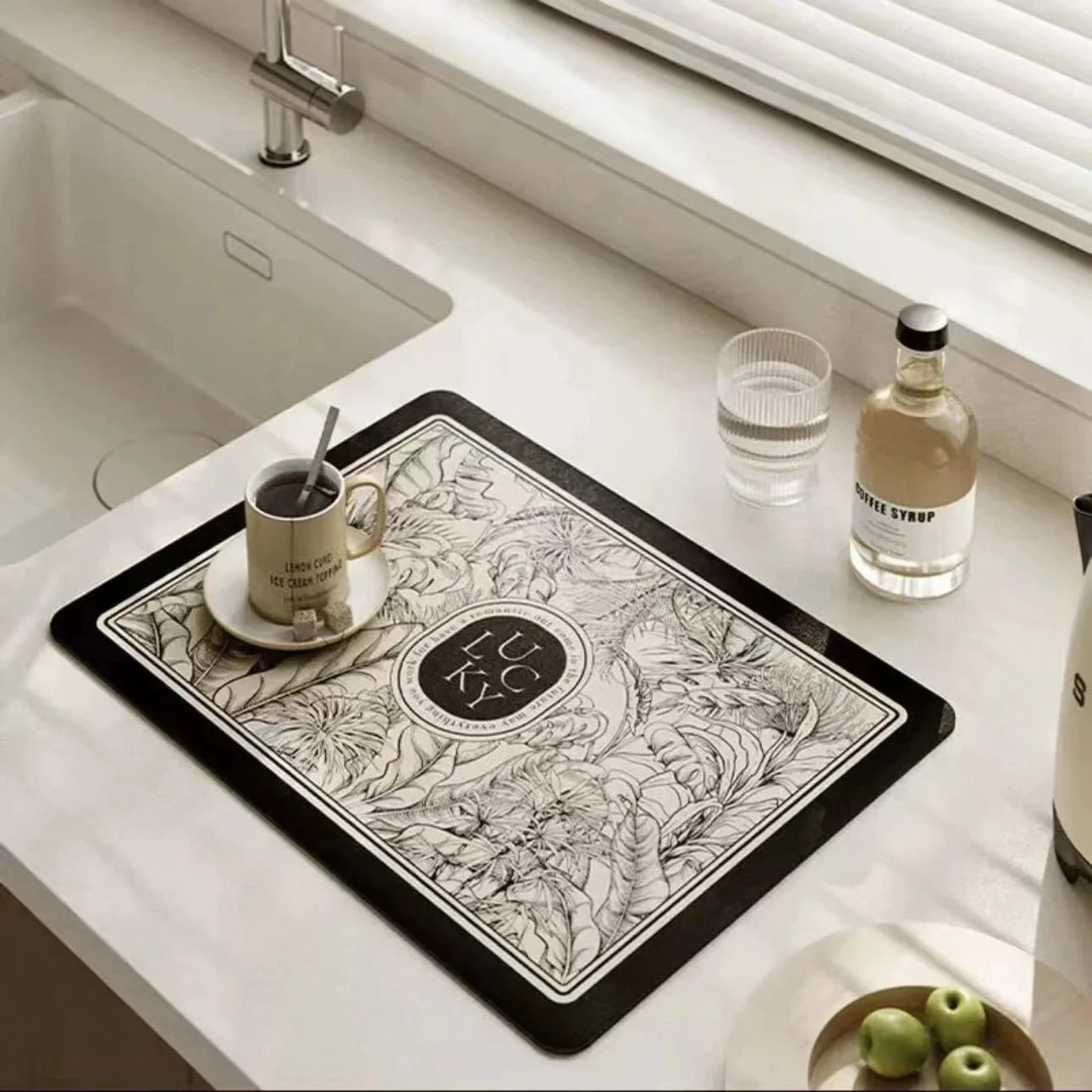 VIKAMA Black Marble Dish Drying Mat Super Absorbent Non-Slip Kitchen Counter Rug Bottle Kettle Dinnerware Bar Mat Home Decor