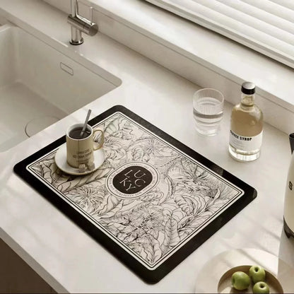 VIKAMA Black Marble Dish Drying Mat Super Absorbent Non-Slip Kitchen Counter Rug Bottle Kettle Dinnerware Bar Mat Home Decor