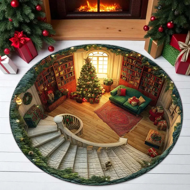 Christmas Santa 3D Round Rug Illusion Printed Carpet Xmas Tree Living Room Holiday Decoration Rug