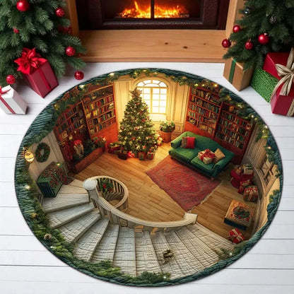 Christmas Santa 3D Round Rug Illusion Printed Carpet Xmas Tree Living Room Holiday Decoration Rug