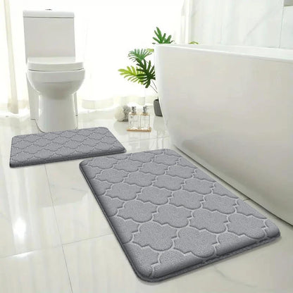 2pcs Embossed Flannel Bathroom Floor Mats Absorbent Non-Slip Shower Entrance Carpet Set