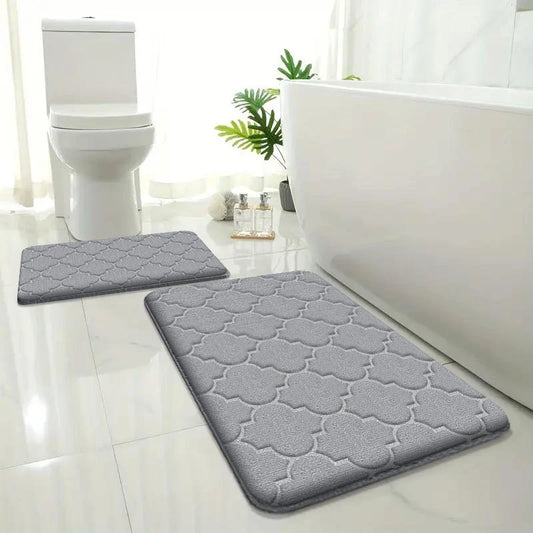 2pcs Embossed Flannel Bathroom Floor Mats Absorbent Non-Slip Shower Entrance Carpet Set